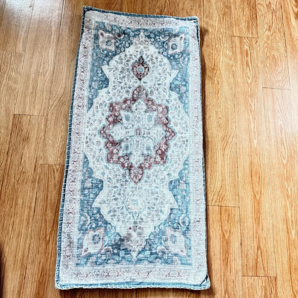 Vintage Turkish Kilim Style Medallion Lumbar Pillow Cover Blue Rose Boho